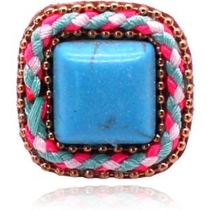 Handgemaakte verstelbare vierkante multicolor ring van leer met touw en turkoois