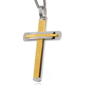 Zilverkleurige Venetiaanse Schakelketting - Goudkleurig en Zilverkleurig Kruis - Edelstaal