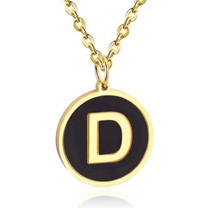Goudkleurige Dames Schakelketting met Zwarte Kettinghanger Letter D