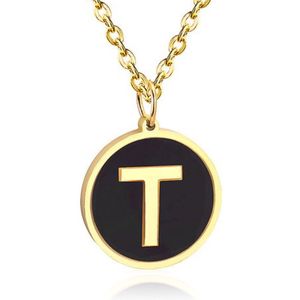 Goudkleurige Dames Schakelketting met Zwarte Kettinghanger Letter T