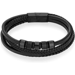 Leren Multi armband Mendes RVS kralen Zwart-22cm