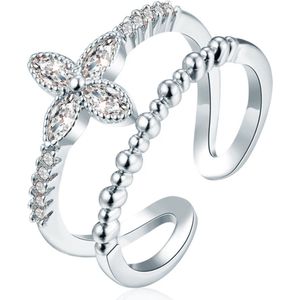 Gedraaide Zilverkleurige Dames Ring met Bloem Zirkonia