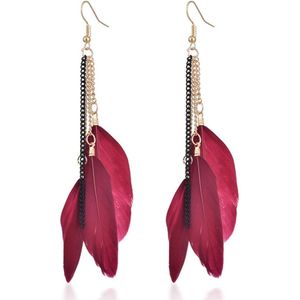 Deja Dames Oorbellen Ketting en 3 Veertjes - Rood