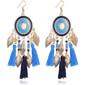 Statement Oorbellen met Ronde Hanger, Bedeltjes en Kwastjes - Blauw