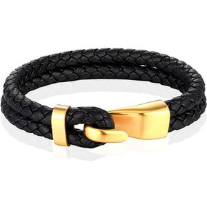 Mendes Jewelry Roestvrijstalen en Echt Lederen Heren Armband in Zwart en Goud-23cm