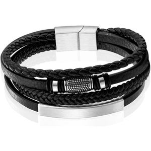 Mendes Jewelry - Heren Armband - Zwart - Roestvrijstaal en Echt Leder - 19cm