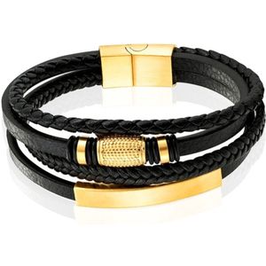 Mendes Jewelry Heren Armband van Roestvrijstaal en Echt Leder - Luxe Zwart met Gouden Elementen-21cm