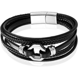 Mendes Jewelry Heren Armband van Roestvrijstaal en Echt Leder - Stijlvol Zwart met Zilveren Achtkant-23cm
