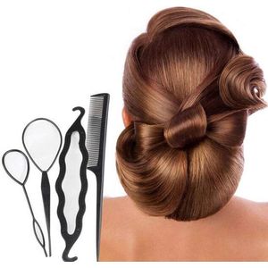 Without Lemon - Set van 4 - Haar Styling Tools - Hulpstukken - Haren opsteken - Vlechten - Donut Knot - Punt Kam - Roze