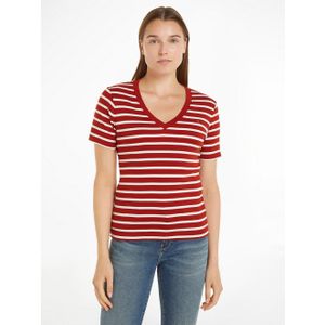 Tommy Hilfiger Slim Cody V-nk SS Ww0ww40584 S/S T-shirt voor dames, rood (Breton Stp/Dark Magma/Ecru), M