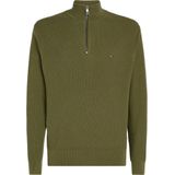 Tommy Hilfiger - Half Zip Trui - Olijfgroen - Gebreid - Katoen
