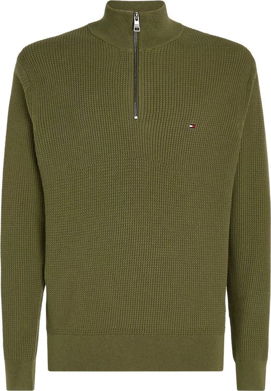 Tommy Hilfiger - Half Zip Trui - Olijfgroen - Gebreid - Katoen