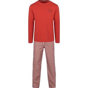 Tommy Hilfiger - Heren Pyjama Set - Steenrood Shirt - Rood met Wit en Blauw Gestreepte Broek