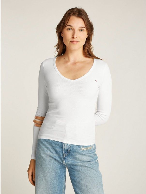 TOMMY JEANS - TJW SLIM ESSENTIAL RIB V LS - Shirt met Lange Mouwen - Ecru