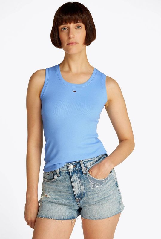 TOMMY JEANS Tanktop - Sugarplum Blue - Ronde Hals - Logoborduursel
