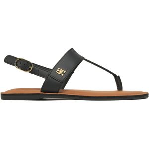 Tommy Hilfiger Leren teenslipper, platte sandalen voor dames, Zwart
