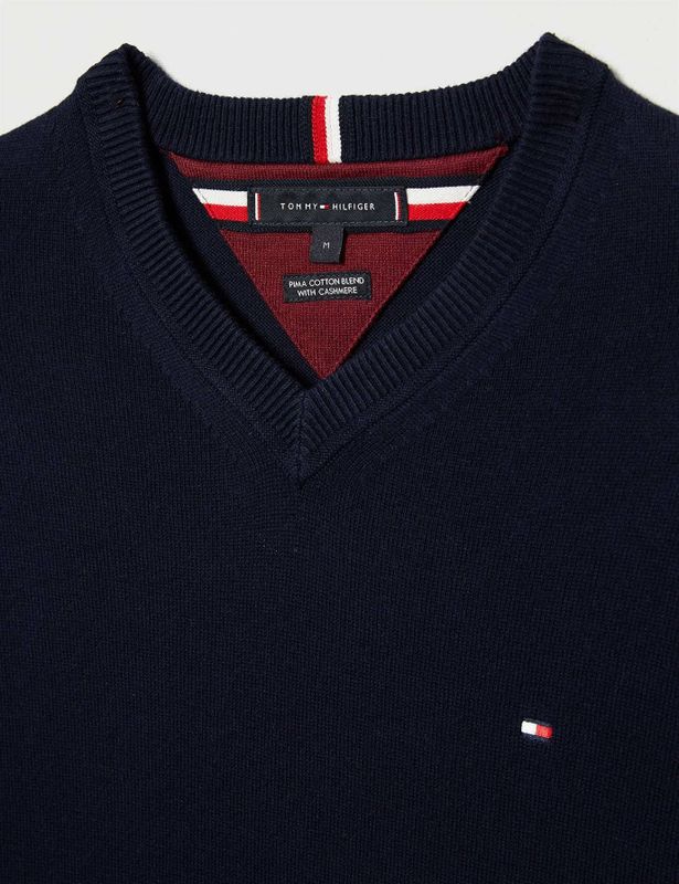 Tommy Hilfiger - V-hals Trui - Donkerblauw - Katoen met Kasjmier