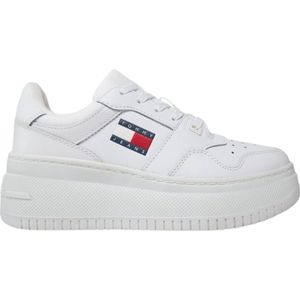 Tommy Hilfiger, Schoenen, Dames, Wit, 39 EU, Leer, Stijlvolle bedrukte leren sneakers met rubberen zool