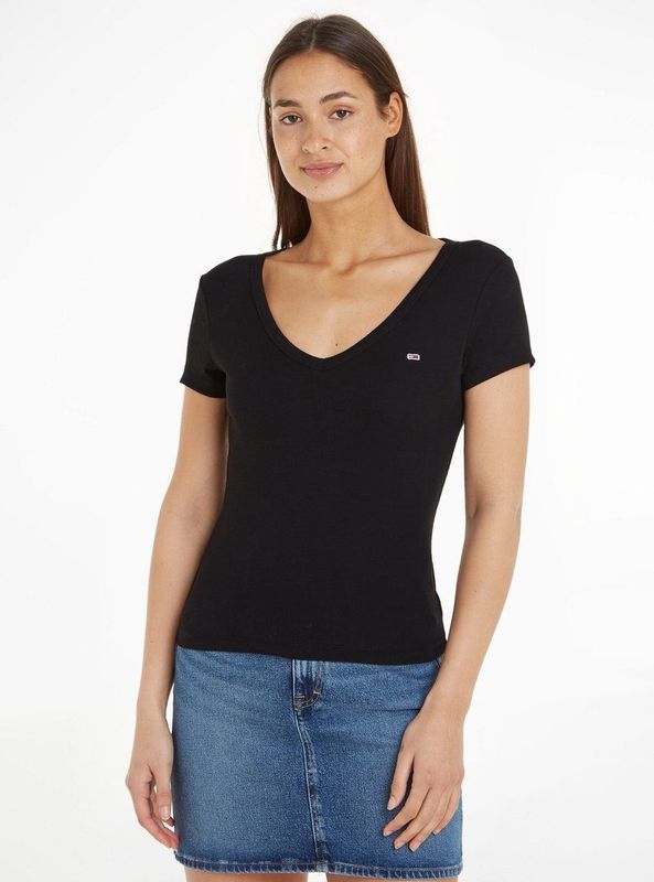 Tommy Jeans - Slim Essential Rib T-shirt - Zwart - Stretch Katoen