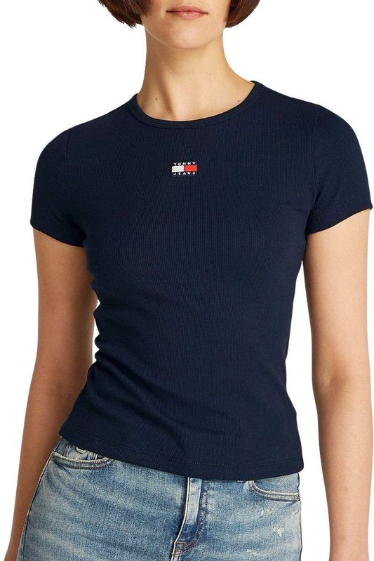 Tommy Jeans - Shirt - Navy - Slanke Pasvorm - Kwartmouw