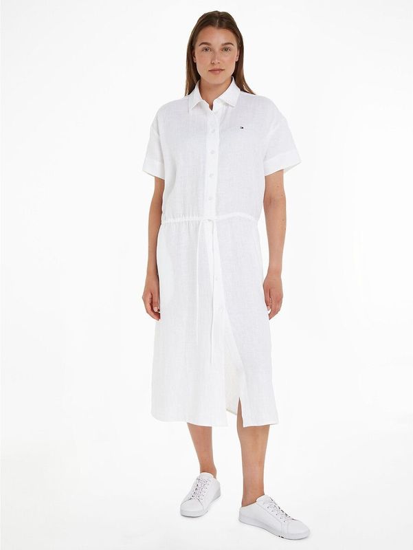 Tommy Hilfiger - Linnen Midi-overhemdjurk - Optic White - Dames