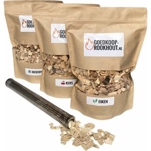 Pakket rooksnippers met smokertube - Hickory, Kers & Eik - 1,5 KG - Rookhout pakket