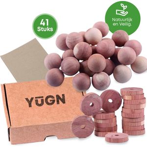 YUGN Mottenballen Kleding Mottenschijven SET - 20 Motten Ballen en 20 Schijven en 1 Schuurpapier - Anti Motten - Rood Cederhout Tegen Motten Zonder Chemische Conserveringsmiddelen - Gepolijst & Glad