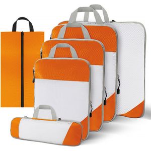 Compression Packing Cubes – 6-delige set – Packing cubes – Koffer organizer set – Travel cubes – Baggage organizer met Compressierits – Backpack organizer – Oranje