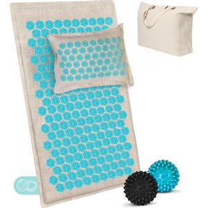 Grinisse ECO Spijkermat met kussen – Shakti mat – Kokosvezel & Boekweit vulling – Acupressuur mat – Incl 2x trigger ballen & Linnen opbergtas – Naturel linnen/Turquoise – 74 x 44