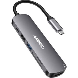A-KONIC USB C HUB 6 in 1 - met / naar HDMI 4K, 2x USB 3.0 (thunderbolt), USB C opladen, Micro/SD card reader Hub – USB Splitter - Geschikt voor Apple Macbook Pro / Air, Lenovo, Samsung - Spacegrijs