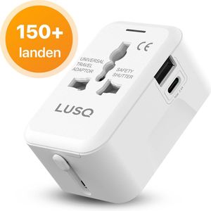 LUSQ® Universele Wereldstekker - 150+ Landen - 1 USB en 1 USB-C - Reisstekker Wereld - Wit