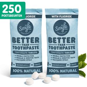 Smyle Tandpasta Tabletten met Fluoride - 250 Tandpasta Tabs Navulling - Whitening Effect - Geschikt voor Gevoelige Tanden - 100% Natuurlijk & Plasticvrij - Zero Waste