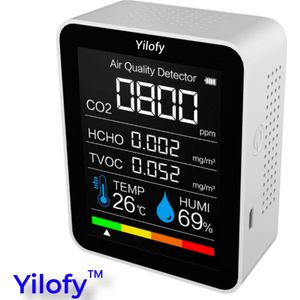 YILOFY 5 in 1 Luchtkwaliteitsmeter Professionele Hygrometer CO2 Meter Horeca Draagbaar LCD Scherm Monitor CO2 - Luchtvochtigheidsmeter Sensor - Melder - Temperatuur - Thermometer Binnen Buiten - Oplaadbaar + USB Kabel
