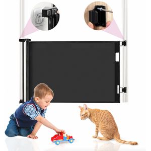 Oprolbaar Traphekje incl. stickerfunctie - Veiligheidshekje - Verstelbaar - Hondenhekje - Traphekje met en zonder boren - Kinderhekje - Voor dieren en kinderen - 10 tot 150 cm breed - Zwart - Sweet Sprout