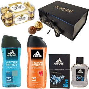GreatGift® - Cadeaupakket voor hem - Adidas Geschenkset- Ferrero Rocher - Vaderdag - Voor Mannen - Cadeau voor hem - Cadeau - In Luxe Giftbox