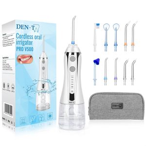 DEN-T® Waterflosser PRO V500 - 300ML - 5 standen - 10 Opzetstukjes - Monddouche - Flosapparaat - Wit -