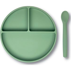 Kids Cultures - Baby Bord met Zuignap incl. Lepel - Kinderbord, Babybord, Kinderservies, Baby Servies, Babybestek - 100% Siliconen BPA-vrij - Oven, Vriezer en Vaatwasserbestendig - Groen