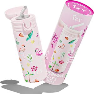 IZY Drinkfles - Kinderbeker - Roze - Waterfles met Rietje - Thermosbeker - RVS - 350ml - schoolfles