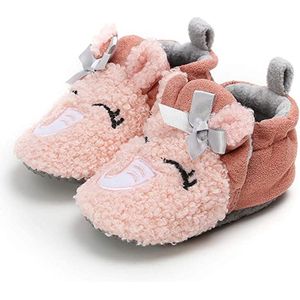 Babyslofjes - Antislip – Fleece voering - Slofjes voor je baby, dreumes voor jongens en meisjes – 0-6 Maanden (11cm) – Roze - Olifant