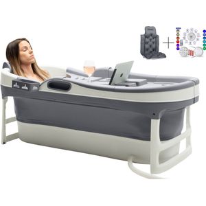 HelloBath® Opvouwbaar Zitbad - Bath Bucket - 148cm - 220L - Extra lang - Incl. Badkussen, Badlamp & Opberghoes - Model: James Cool Grey