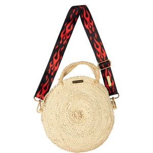 ROOCY The Label - Rieten Tas Rond - Rotan Handtas - Crossbody Tas - Strap zwart en rode vlammen