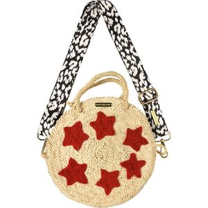 ROOCY The Label - Rieten Tas Rond - Rotan Handtas - Crossbody Tas - Sterren rood - Geborduurde opdruk - Strap zebra wit met zwart