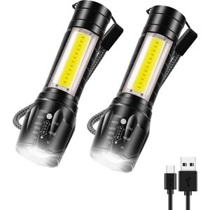 Qtronic Zaklamp LED oplaadbaar met zoomfunctie - 2-pack - Militaire zaklamp - Waterdicht - USB oplaadbaar (inclusief Oplaadkabel & Batterijen).