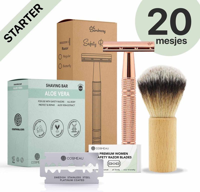 Bamboozy Safety Razor Aluminium Starterkit + Scheerkwast + Scheerzeep Rosé Goud 1 set
