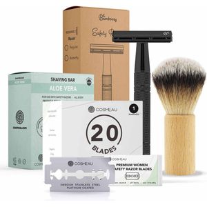 Bamboozy - Starterspakket - Safety Razor - Mat Diep Zwart - Aluminium - 20 Scheermesjes