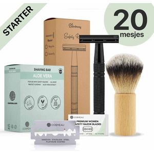 Safety Razor Starterkit Aluminium voor Mannen en Vrouwen Glossy Black - 20 Mesjes - Scheerkwast - Scheerzeep - Scheren Starterset