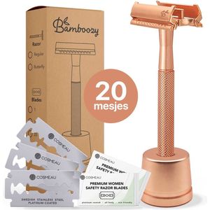 Bamboozy Safety Razor RVS Vlinder + Houder + 20 scheermesjes Rose Gold Goud voor vrouwen dames mannen Double Edge Zero Waste