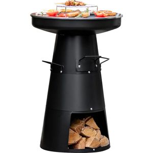 BluMill 3-in-1 BBQ Plancha Vuurkorf – met Brandhout opslag – Tuinhaard – Vuurschaal - 58 x 83 cm – Plancha Ø58 - Grillrooster Ø25 cm – Zwart – Staal