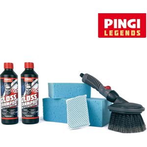Pingi Car Care Autowasset, Reinigingsborstel met slangaansluiting, Mega Sponsset en 2 flessen autoshampoo - Poetspakket - Voordeelset