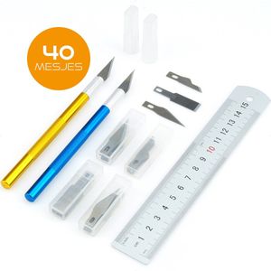 Scalpel mesjes set - 43 delige hobbymes set - 1 liniaal staal / 2 scalpels / 40 reserve scalpel mesjes